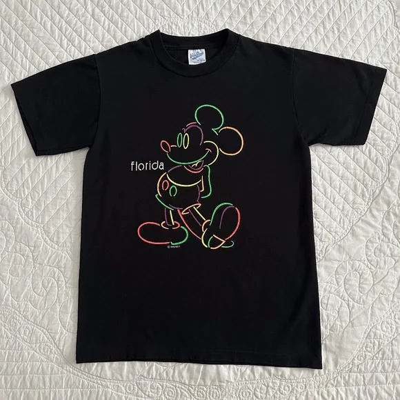 Vintage 90s Velva Sheen Classic Mickey Mouse Disney Florida Neon Graphic T-Shirt - Picture 1 of 8